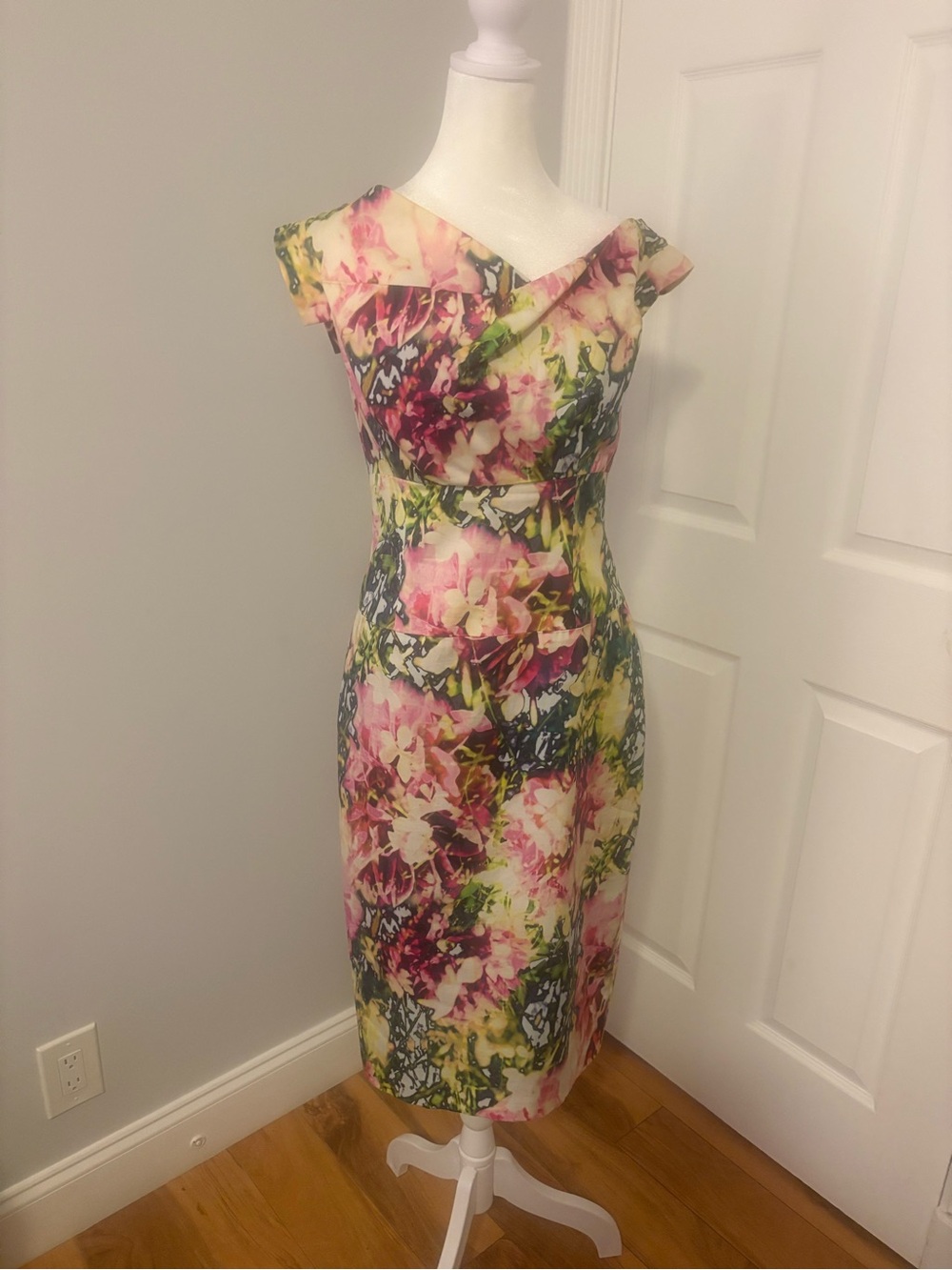 Black Halo Pink and Green Floral Off-Shoulder Sheath Dress